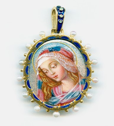 Colgante medalla de cobre esmaltada de Virgen con bisel de oro esmaltado