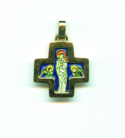 Colgante Cruz Virgen con angeles plata dorada.